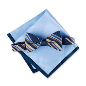 Tommy Hilfiger Men Stripe Bow Tie & Solid Pocket Square Set Navy